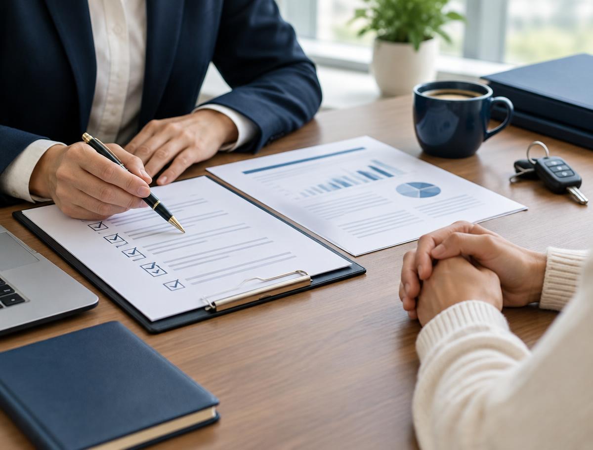 Consultant reviewing a checklist with a client across a desk