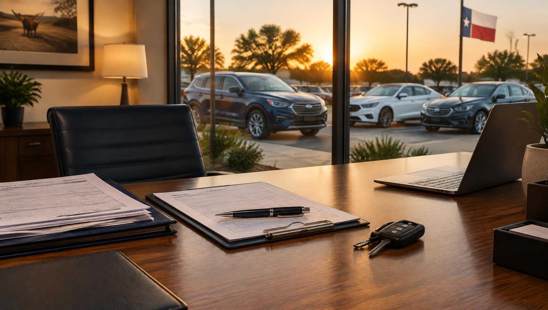 Dealership office desk with license paperwork and car keys overlooking a vehicle lot