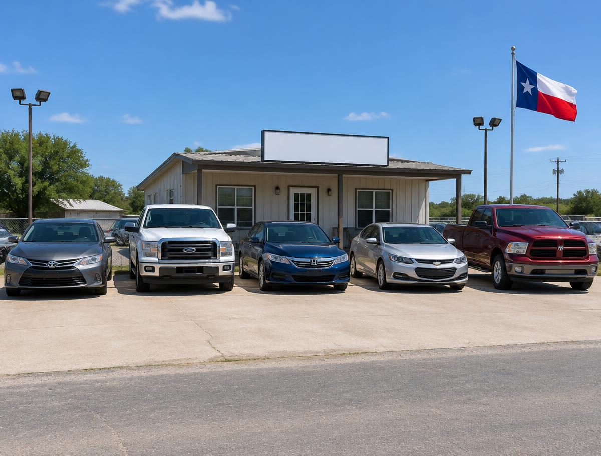 Small independent used car lot with a permanent office building in Texas
