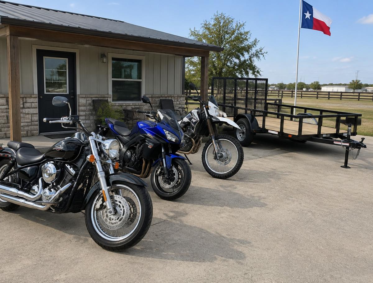 Used motorcycles and a utility trailer parked outside a small dealership office